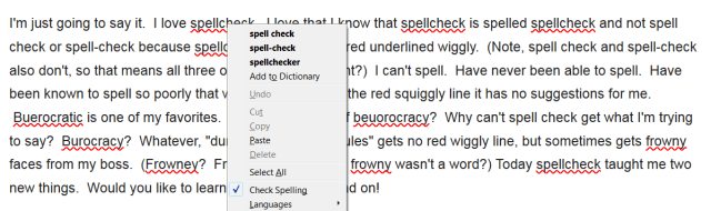 Ah, the travesty!  Spellcheck has red squiggles in Firefox, and it suggests spell check (two words) or spell-check!  My Chrome spellcheck has failed me for Firefox readers!