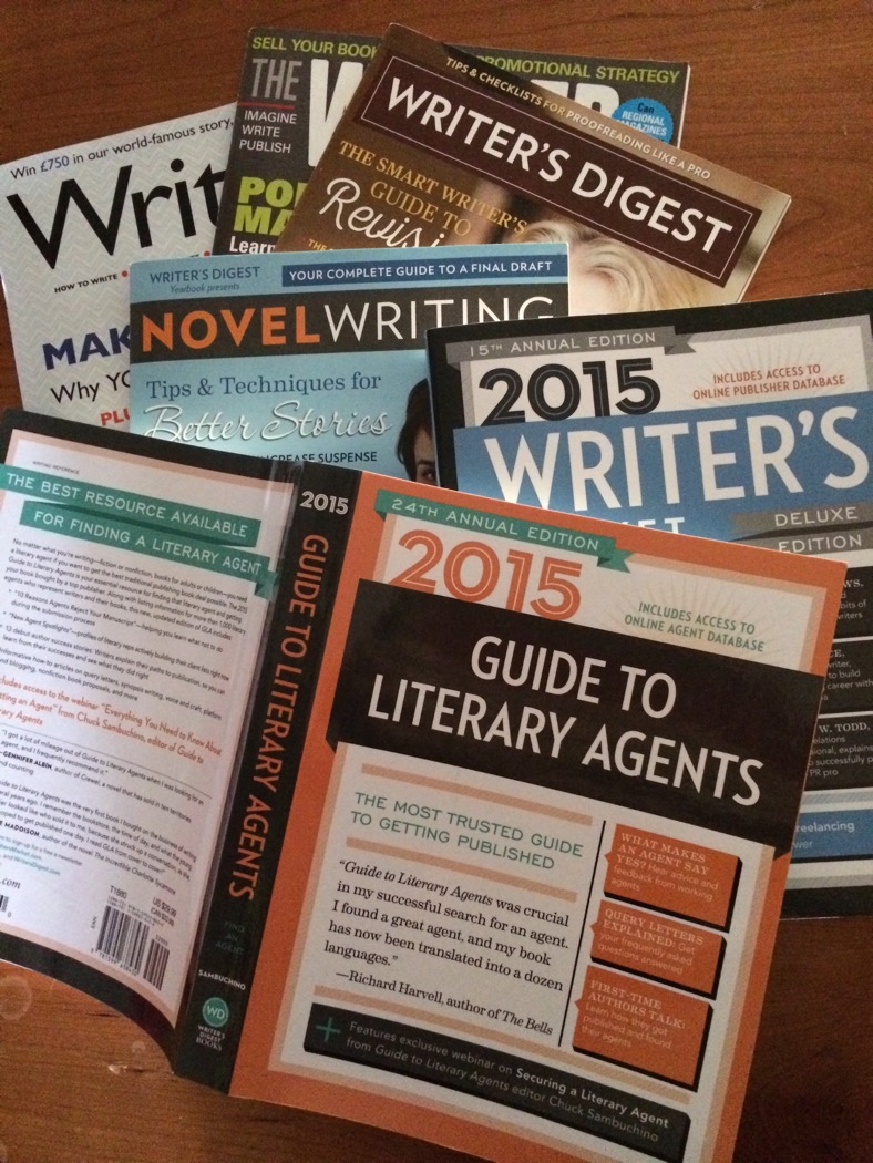 Pile of books and magazines on a table